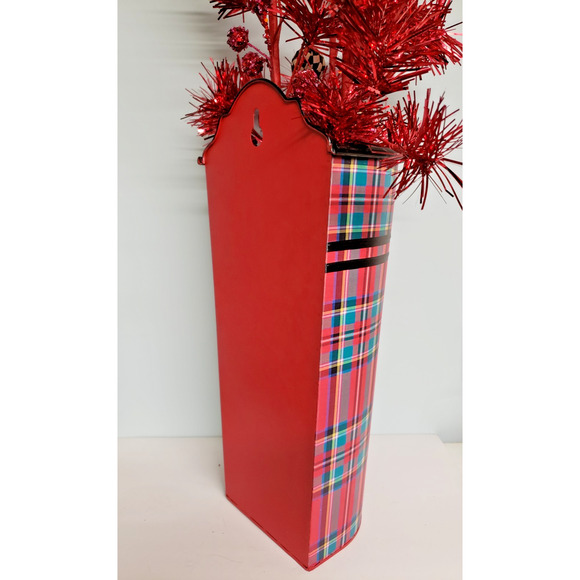 Mackenzie Childs Red Tartan Metal Bucket Wall Vase Holidays Plaid NIB Retired - Picture 6 of 8